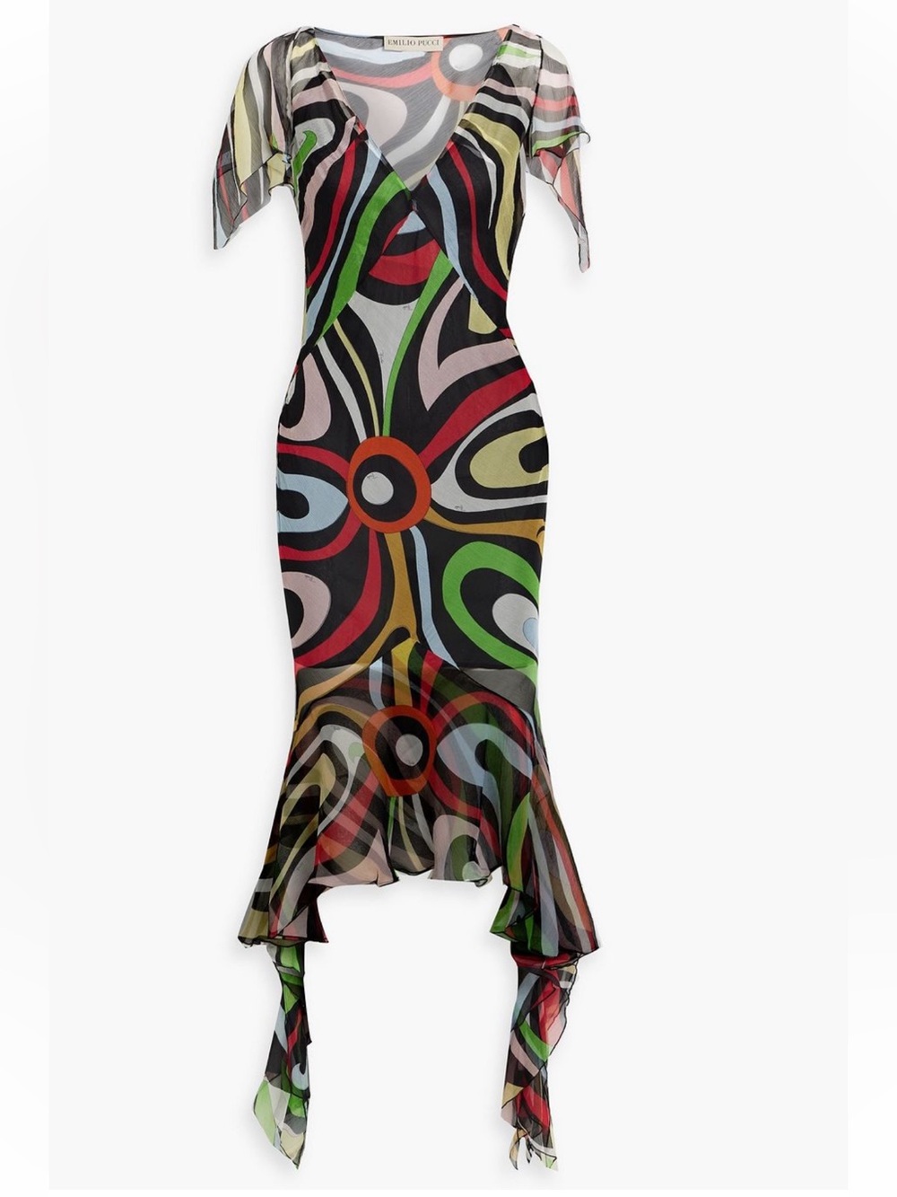 PUCCI Asymmetric printed silk-georgette Print Ruffle Midi Dress